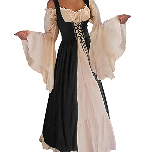 Abaowedding Womens’s Medieval Renaissance Costume Cosplay Chemise and Over Dress 2X-large/3X-Large Black and Ivory