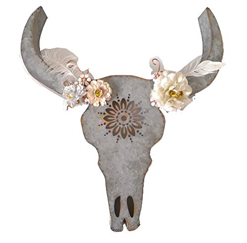 Parisloft Distressed Galvanized Metal Bull Head Skull Wall Hanging Art Southwestern Cow Steer Skull with Frabic Flowers 17.9 x 19.3 x 3.5 Inches