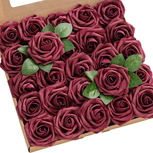 Ling’s Moment Artificial Flowers Roses 25pcs Burgundy Fake Roses w/Stem for DIY Wedding Bridal Shower Centerpieces Tables Decorations Party Valentine’s Day