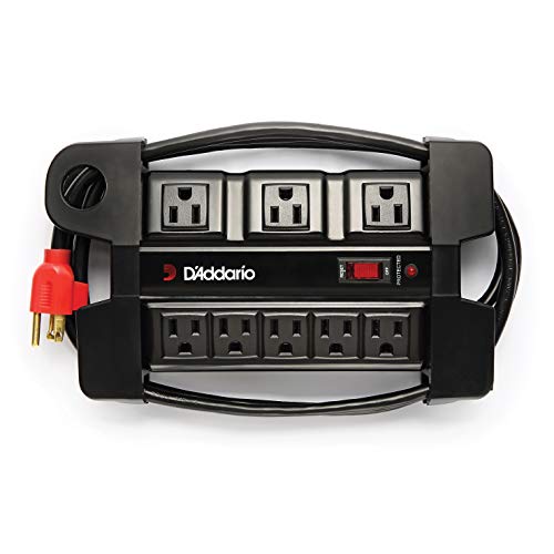 D’Addario Tour-Grade Power Base – Surge Protector Outlet – Surge Protector Power Strip – Stage Power Strip with 6 ft Cable – 5 Standard and 3 Transformer- Guitar Amp Outlet with Indicator Light