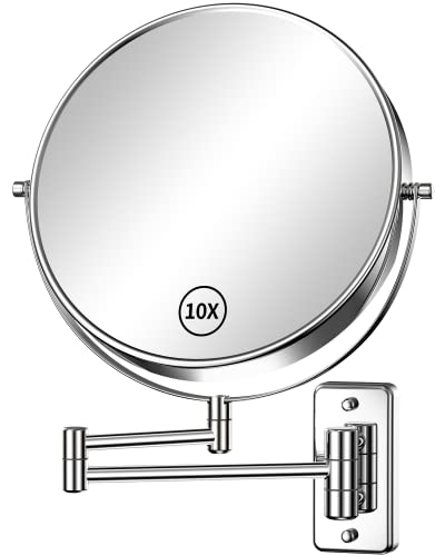 Gospire 9″ Large Size Wall Mount Makeup Mirror with 1X/10X Magnification Double-Sided 360° Swivel Vanity Mirror，Chrome Polished Extendable Shaving Bathroom Wall Cosmetic Mirror for Men and Women