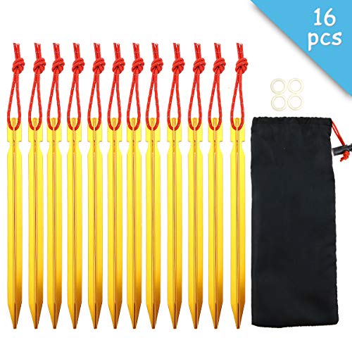Set of 12 Tent Stakes Pegs Aluminium Alloy Stake 7 Inches with Reflective Rope and 4 Small Silica Gel O-ring for Camping Hiking backpacking Outdoor Activities