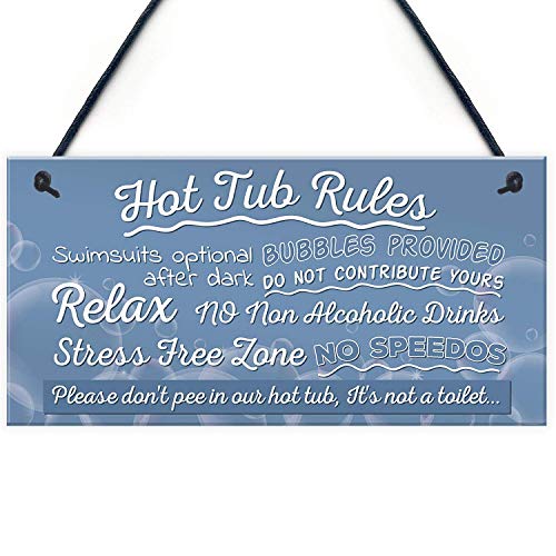 Meijiafei Hot Tub Rules Novelty Hanging Garden Shed Plaque Pool Funny Gift Home Decor Sign 10″ X 5″