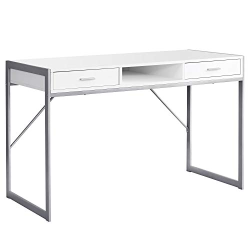 Monarch Specialties Contemporary Laptop Table with Drawers and Shelf Home & Office Computer Desk-Metal Legs, 48″ L, White