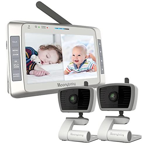 Moonybaby Trust 50 Low EMF No WiFi Baby Monitor with 2 Cameras, Auto Noise Reduce, 5″ HD Split Screen, Auto Night Vision, 2-Way Audio, Temperature, Lullabies, ECO/Voice Activation