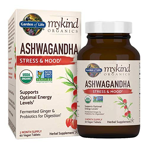 Garden of Life Organic Ashwagandha Stress, Mood & Energy Support Supplement with Probiotics & Ginger Root for Digestion – mykind Organics – Vegan, Gluten Free, Non GMO – 2 Month Supply, 60 Tablets