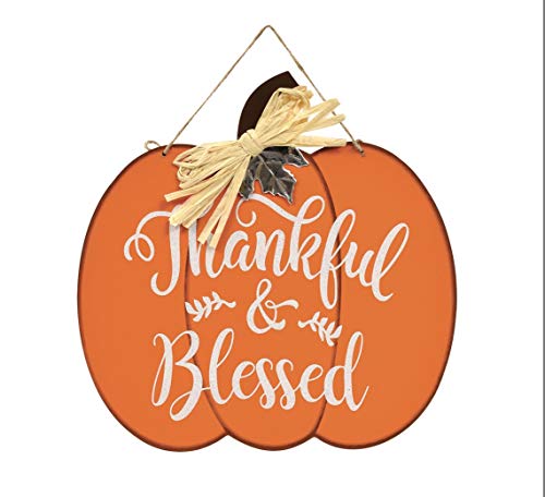 Greenbrier International Thankful & Blessed Pumpkin Fall Hanging Sign 12″X12″