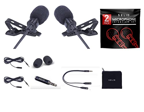 Solid Clip On Lavalier Lapel Microphone 2 Pack Set for iPhone and Android Vlogging, Interview, Selfie Videos