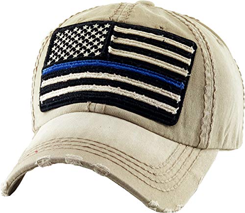 KBVT-690 KHK Flag USA America Military Thin Blue Line Thin Red Line Vintage Distressed Baseball Cap Dad Hat Unisex Adjustable