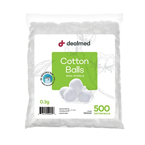 Dealmed Cotton Balls – 500 Count Medium Cotton Balls, Non-Sterile Bag of Cotton Balls in Easy to Access Zip-Locked Bag, Great for Skin Prep, Wound Cleansing, and DIY Needs