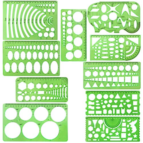 10 Pieces Green Plastic Drawings Templates Measuring Templates Geometric Rulers for School and Office Supplies