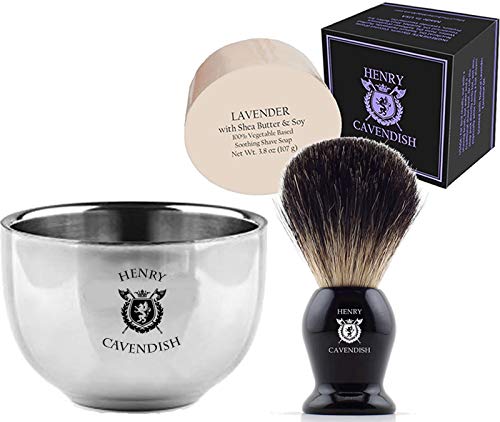 Henry Cavendish Lavender Shaving Kit with – Shaving Soap, Long Lasting 3.8 oz Puck Refill, plus Stainless Steel Shaving Soap Bowl, plus Gentleman’s 100% Pure Badger Hair Shaving Brush.