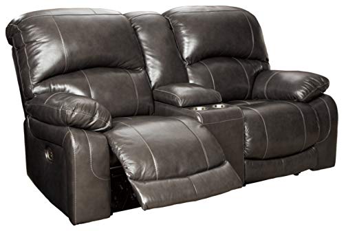 Signature Design by Ashley Hallstrung Leather Power Reclining Loveseat with Storage Console, Gray