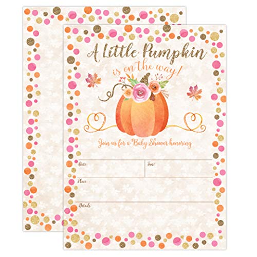 Pumpkin Fall Baby Shower Invitations, Pumpkin Baby Shower Invitation, Girl Fall Shower Invite, Little Pumpkin, Autumn Floral Baby Shower, Gender Reveal Party, 20 Fill in Style With Envelopes