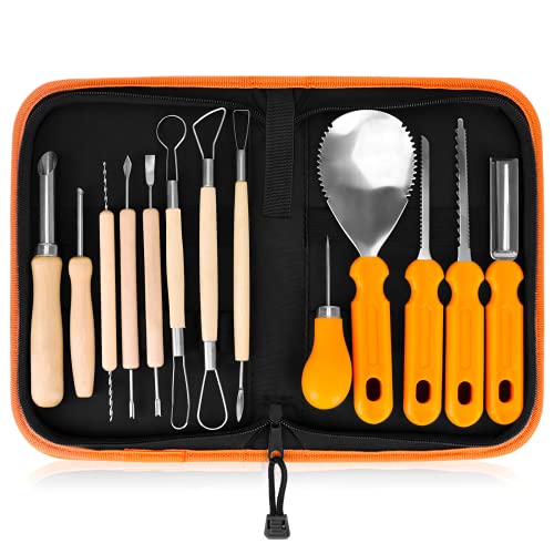 Halloween Pumpkin Carving Tools,Elmchee Halloween Jack-O-Lanterns 13 Piece Professional pumpkin cutting supplies tools Kit stainless steel lengthening and thickening
