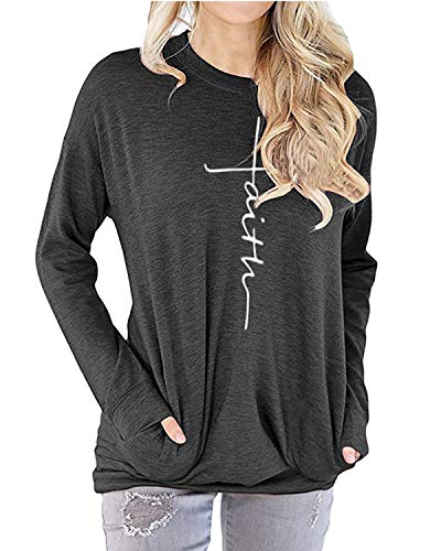 AELSON Women’s Casual Faith Printed Round Neck Sweatshirt T-Shirts Tops Blouse with Pocket