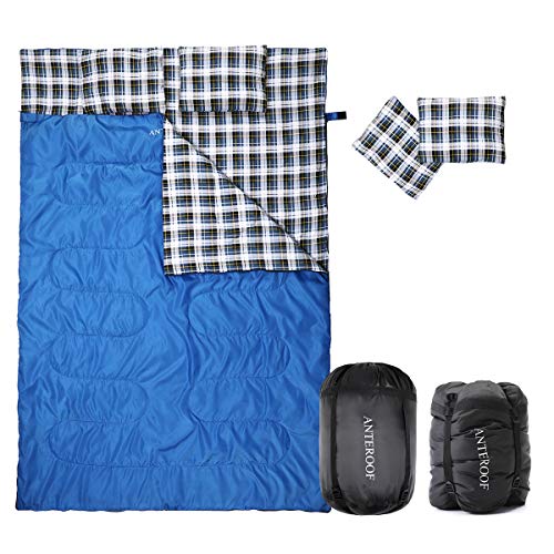 Double-Wide Cotton Flannel Lined Sleeping Bags, 3 Season Rectangular Semi-Rectangular Sleeping Bags Lightweight Warmth with 2 Pillows for Camping Backpacking Hiking Adults/Teens Queen Size XL