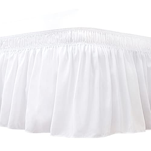 Biscaynebay Wrap Around Bed Skirts for Queen Beds 15 Inches Drop, White Elastic Dust Ruffles Easy Fit Wrinkle & Fade Resistant Silky Luxurious Fabric Solid Machine Washable