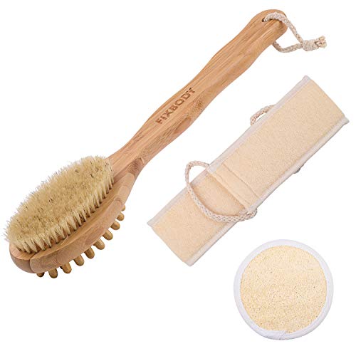 FIXBODY Bath Shower Body Brush, Loofah Back Scrubber and Face Sponge Pad, Boar Bristles and Bamboo Handle, Use Wet or Dry Skin, Exfoliating and Cellulite for Radiant and Smoother Skin (3PCS)