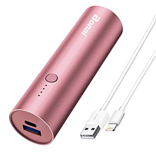 BONAI Portable Charger iPhone 5000mAh Power Bank Cylindrical Ultra-Compact External Backup Battery Compatible with iPhone 13 12 iPad iPod Samsung Tablets – Rose Gold (with an 8-pin Charging Cable)