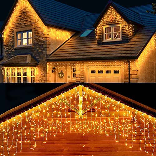 B-right Icicle Lights Outdoor, 32.8ft 480 LED Icicle Christmas Lights 60 Drops 8 Modes Waterproof Dimmable Curtain Lights with Remote Timer for Indoor Outdoor Eaves Garden Party Decor Warm White