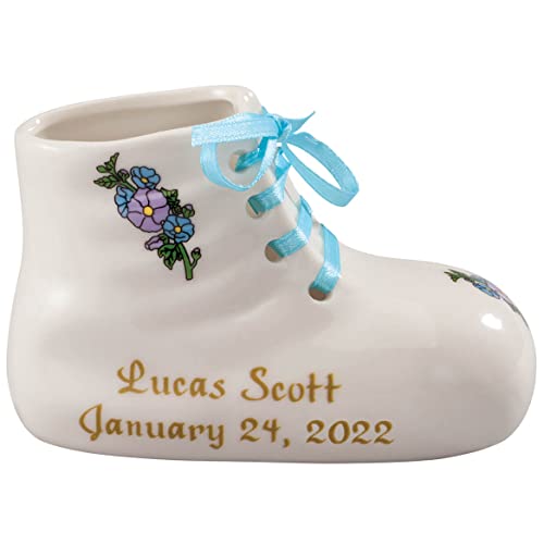 Porcelain Personalized Baby Bootie Heirloom-Blue Boy-Customize Ceramic Baby Shoe Keepsake with Baby Name, Birth Date, Time, Weight and Length-Birth, Baptism or Christening Gift-4? Long by 2? Wide