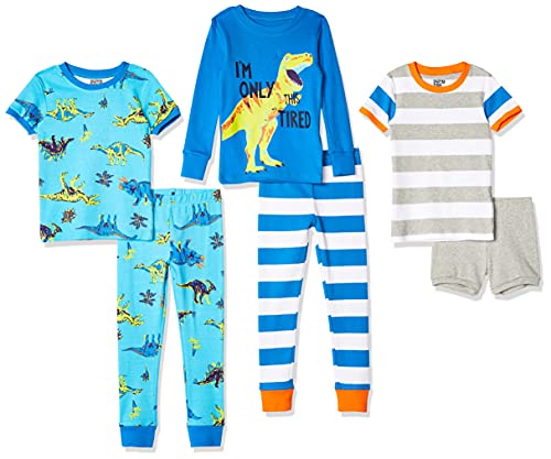 Amazon Essentials Boys’ Snug-fit Cotton Pajamas Sleepwear Sets (Previously Spotted Zebra), Pack of 6, Blue/Grey, Dinosaur/Stripe, 8 Years