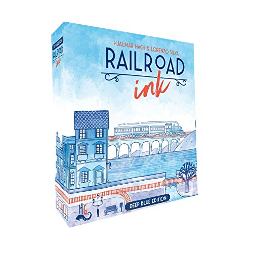 Horrible Guild Railroad Ink: Deep Blue Edition – Roll Dice and Draw Railways and Routes, 7 Rounds to Expand Your Rail Map – Expansion Dice Included Ages 8 & Up (Packaging may vary)