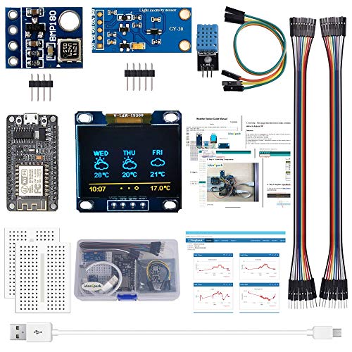 ESP8266 Weather Station Kit with DHT11 Temperature Humidity BMP180 Atmosphetic Pressure BH1750FVI Light Sensor 0.96″ OLED IIC YellowBlue Display for Arduino IDE IoT Starter(Guidance Document Included)