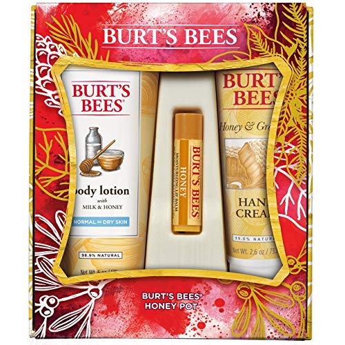 Burt’s Bees Honey Pot Holiday Gift Set, 3 Honey Skin Care Products – Milk & Honey Body Lotion, Honey & Grapeseed Hand Cream and Honey Lip Balm