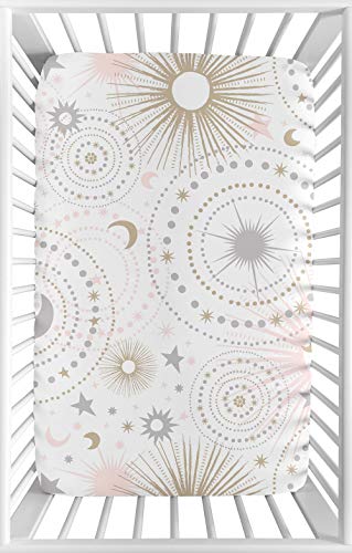 Sweet Jojo Designs Blush Pink, Gold, Grey and White Star and Moon Baby Girl Fitted Mini Portable Crib Sheet for Celestial Collection – for Mini Crib or Pack and Play ONLY