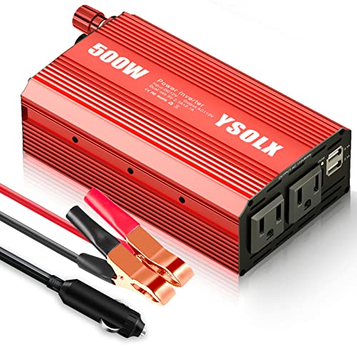 YSOLX 500W Power Inverter DC 12V to 110V AC Converter with 2 USB Ports and 2 AC Outlet, Car Charger Adpater for Road Trip and Camping