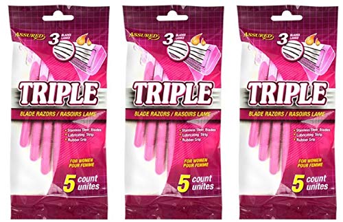 Women’s Disposable Razors with Lubricating Strips, Triple (Three) Blade, Rubber Grip, 15-ct Set