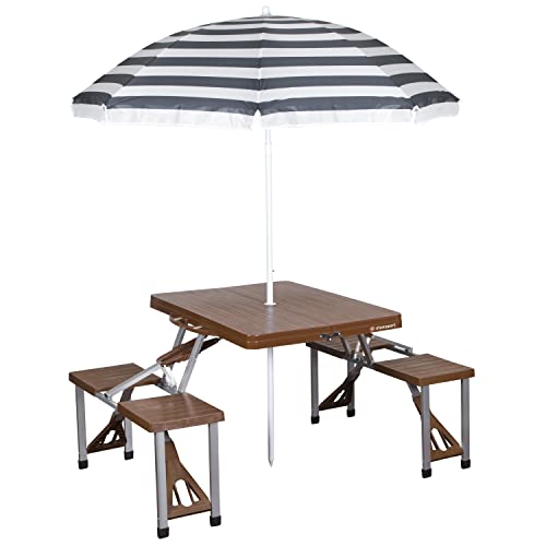 Stansport 615-45 Picnic Table and Umbrella Combo, Brown Woodgrain