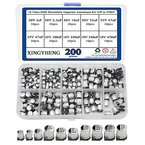 XINGYHENG 200PCS 10 Value SMD Electrolytic Capacitor Assortment Kit 1UF to 470UF(Aluminum Electrolytic Capacitor with A Plastic Box)