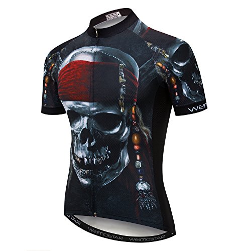 Men’s Shorts Sleeve Cycling Jersey Tops Bike Clothing Biking Shirt 3 Pockets Black Skull