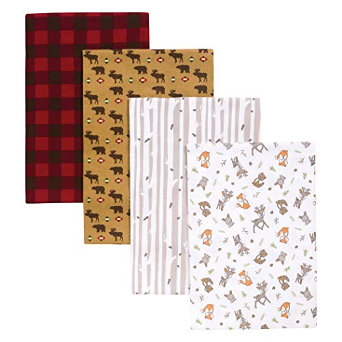 Northwoods 4 Pack Blankets-Northwoods Moose and Bear, Forest Animals, Birch Stripe and Buffalo Check Prints, 100% Cotton Flannel, Red, Brown, Tan, Grays, 30 in x 30 in Each