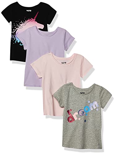 Amazon Essentials Girls’ Short-Sleeve T-Shirt Tops (Previously Spotted Zebra), Pack of 4, Black/Pink/Grey, Unicorn, X-Large