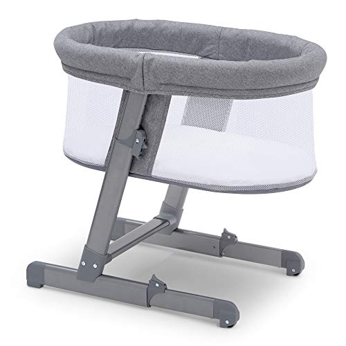 Simmons Kids Oval City Sleeper Bedside Bassinet – Adjustable Height Portable Crib with Wheels & Airflow Mesh, Grey Tweed 31.5×19.7×30 Inch (Pack of 1)