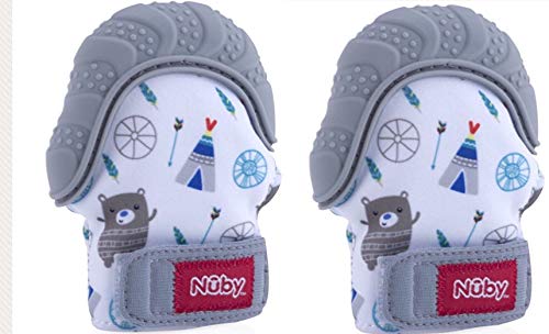 Nuby Soothing Teething Mitten with Hygienic Travel Bag (Grey) (2 Pack)