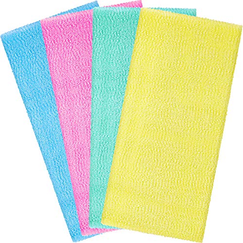 Boao 4 Pieces Exfoliating Washcloth Towel Japanese Washcloth Nylon Beauty Skin Bath Wash Towel Sponge Korean Loofah Bath Cloth Shower Washcloth for Body 35 Inches (Blue, Pink, Yellow, Green)