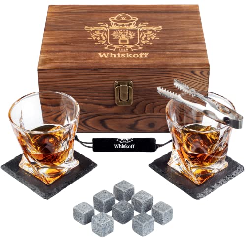 Whiskey Glass Set of 2 – Bourbon Whiskey Stones Gift Set For Men – Includes Crystal Whisky Rocks Glasses, Chilling Stones, Slate Coasters – Scotch Glasses in Wooden Box – Wisky Burbon Retirement Gifts