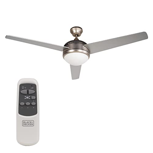 BLACK+DECKER Ceiling Fan for Rooms up to 270 Sq. Ft, Brush Nickel 52″ Cooling Fan with 3 Silver Finish Plywood Blades, Room Fan with Remote Control and White Frosted Glass Ceiling Light