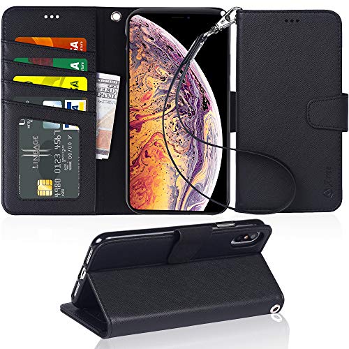 Arae Case for iPhone Xs Max PU Leather Wallet case Cover [Stand Feature] with Wrist Strap and [4-Slots] ID&Credit Cards Pocket for iPhone Xs Max 6.5 inch – Black