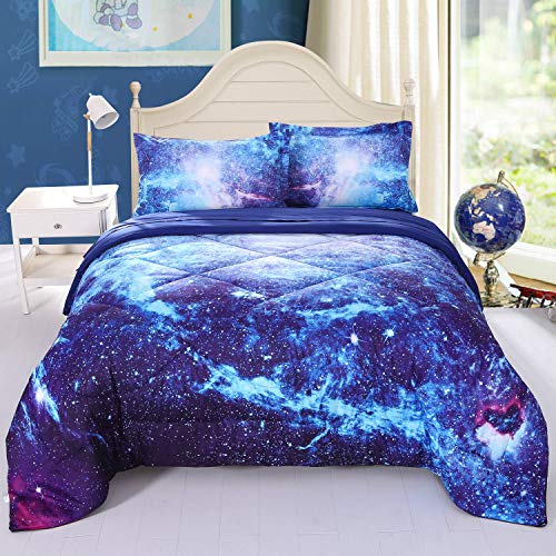 Wowelife Galaxy Bedding Sets for Girls and Boys 5-Piece Queen Size, Premium Galaxy Comforter Set Blue, 3D Outer Space Bedding Set, Comfortable and Soft for Kids and Adults(Queen-5 Piece, Blue Galaxy)