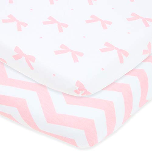 Bassinet Fitted Sheets Compatible with Halo, Fisher Price, Delta, Graco – Fits Perfectly on 15 x 33 Inch Oval, Rectangular Mattress Pad – Snuggly Soft Jersey Cotton – Pink Bows, Chevron – 2 Pack