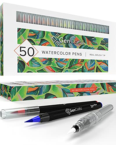 GenCrafts Watercolor Brush Pens Set of 50 Premium Colors – Real Brush Tips – No Mess Storage Case – Washable Nontoxic Markers – Portable Painting