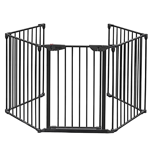 Bonnlo 120.5-Inch Metal Fireplace Fence Guard 5-Panel Baby Safety Gate/Barrier/Play Yard with Door Christmas Tree Fence Hearth Gate for Kids/Pet/Toddler/Dog/Cat, Black