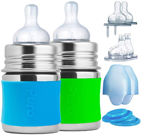 Pura Kiki Newborn Baby Bottle Gift Set – BPA-Free, Stainless Steel, Anti-Colic, Silicone Starter Feeding for Breastmilk & Formula – Aqua & Green, 0-18 Months