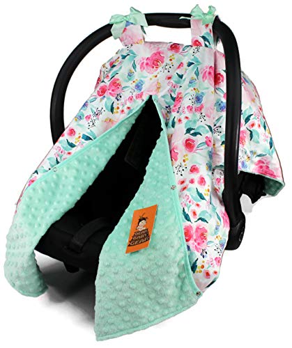 Dear Baby Gear Baby Car Seat Canopy Cover, Floral Watercolor Roses in Shades of Pink, Mint Minky